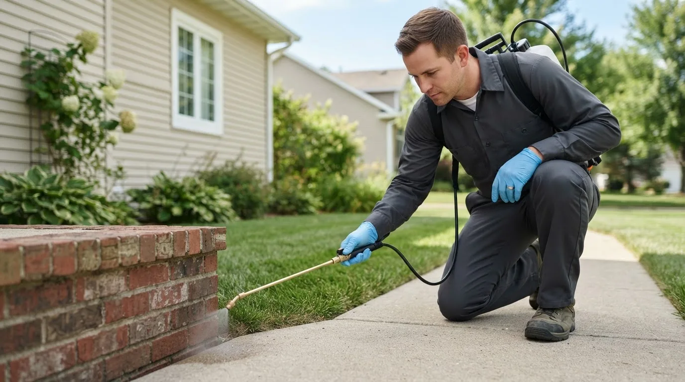 Pest control technician treating a home near Alderson, WV