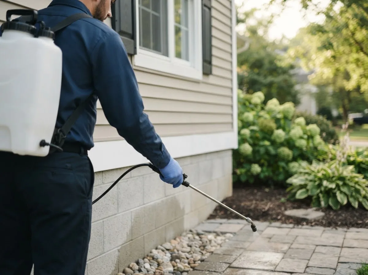 Pest control technician inspecting a home in Alderson, WV